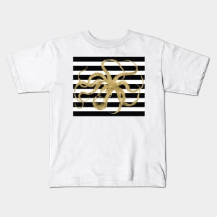 Gold Octopus on Black & White Stripes Kids T-Shirt